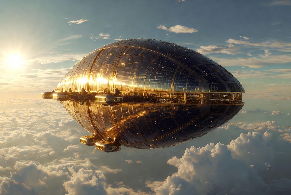 Golden solar-oriented flying city concept above the atmosphere