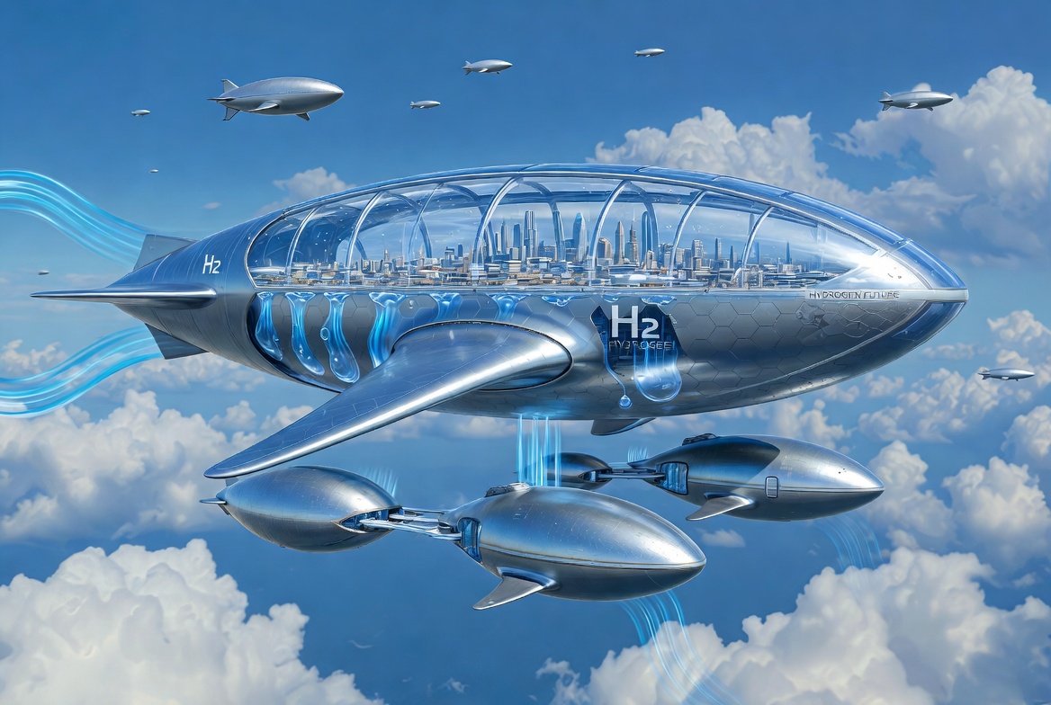 Blue hydrogen flying city concept with smaller docked modules
