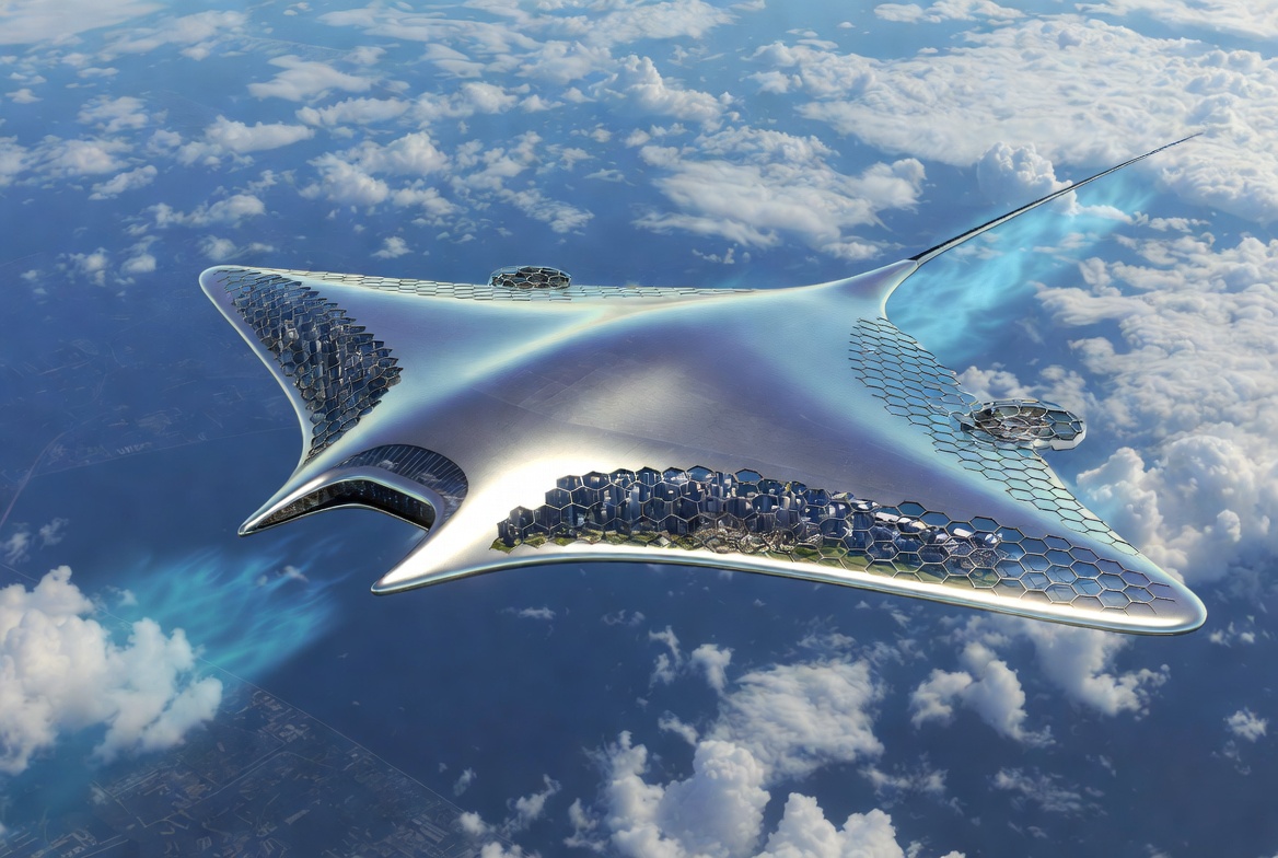 Manta-shaped metallic flying city above clouds