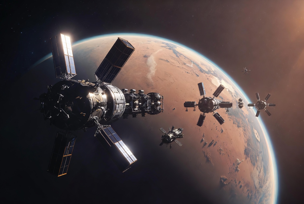 Several modular spacecraft travelling together in Mars orbit