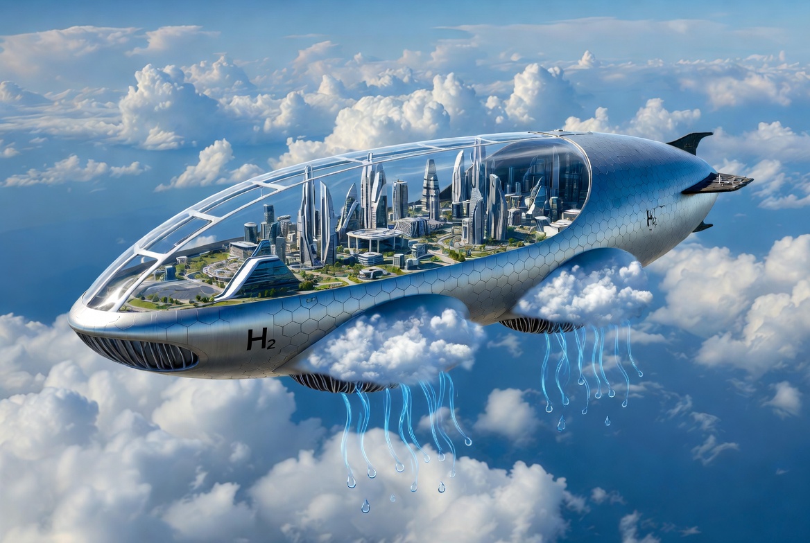 Open-canopy hydrogen city travelling through bright clouds