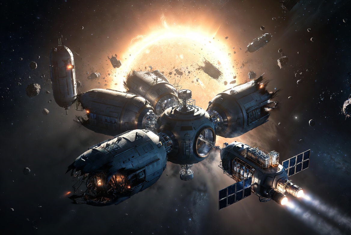 Radial modular space hub lit by a distant sun