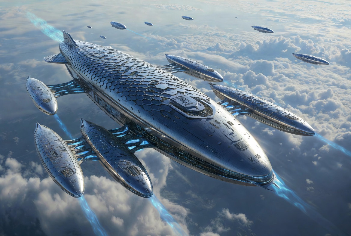 Large silver flying city with several smaller companion craft above clouds
