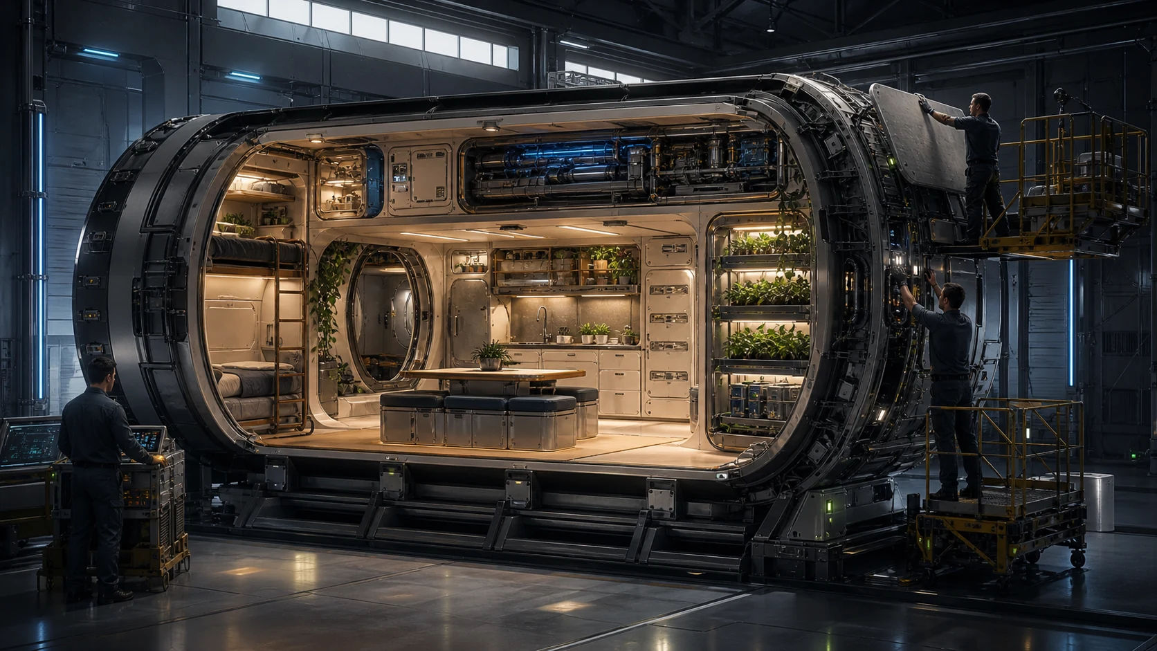 Cutaway Mini-Scout ground habitat article being outfitted in an aerospace integration bay
