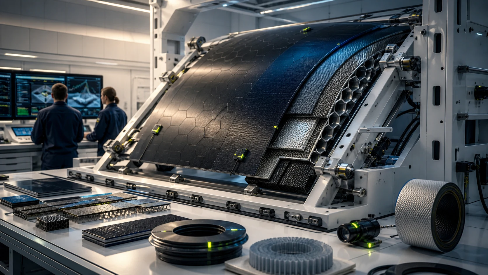 Curved AETHER composite pressure-shell panel and material coupons in a laboratory test frame