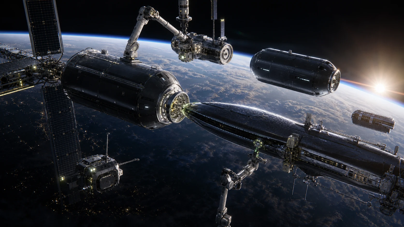 Robotic orbital yard joining separately launched AETHER modules above Earth