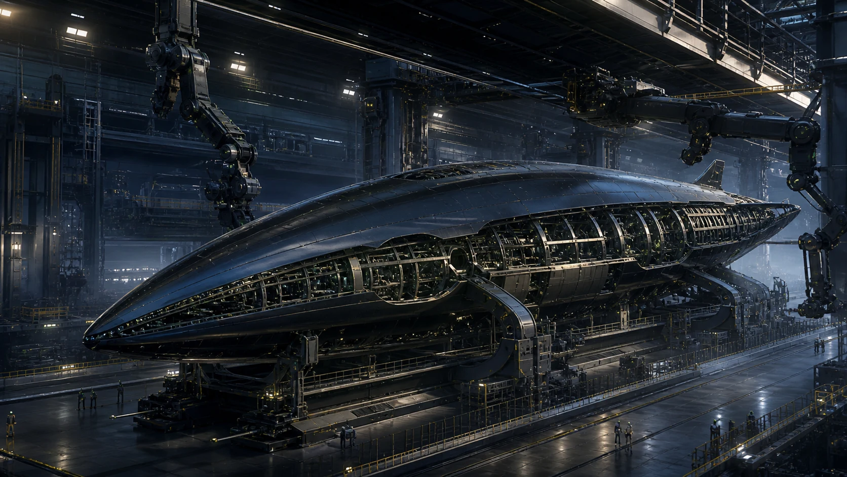 Large incomplete AETHER atmospheric demonstrator hull in a robotic assembly hall