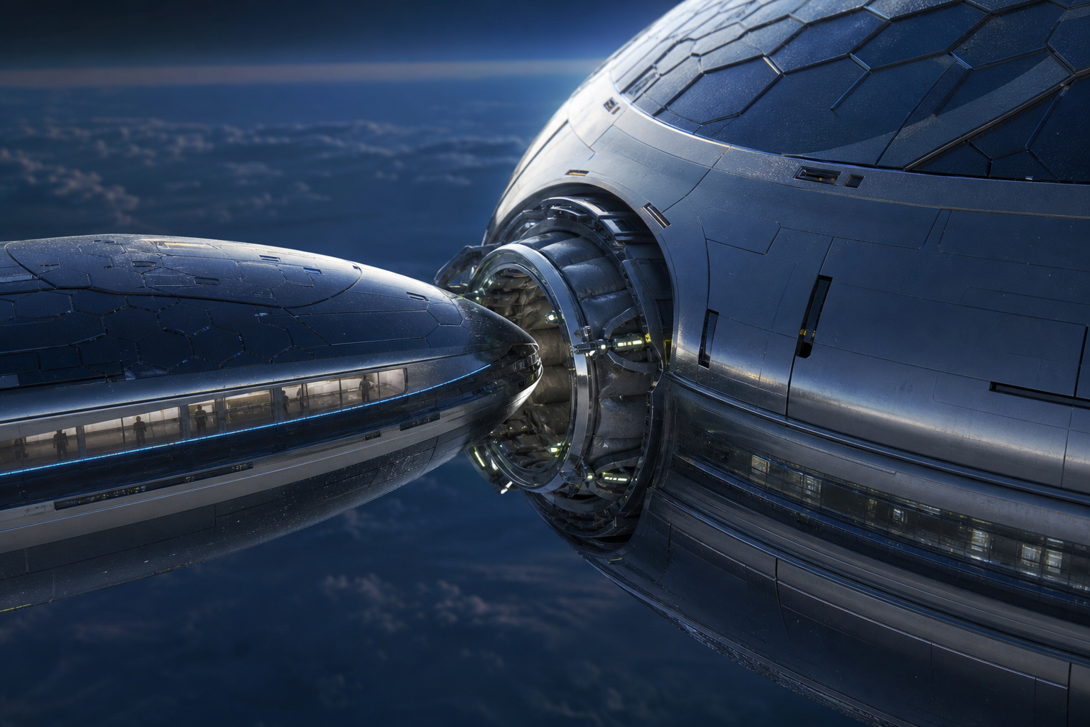 A companion module approaching the main AETHER hull docking ring
