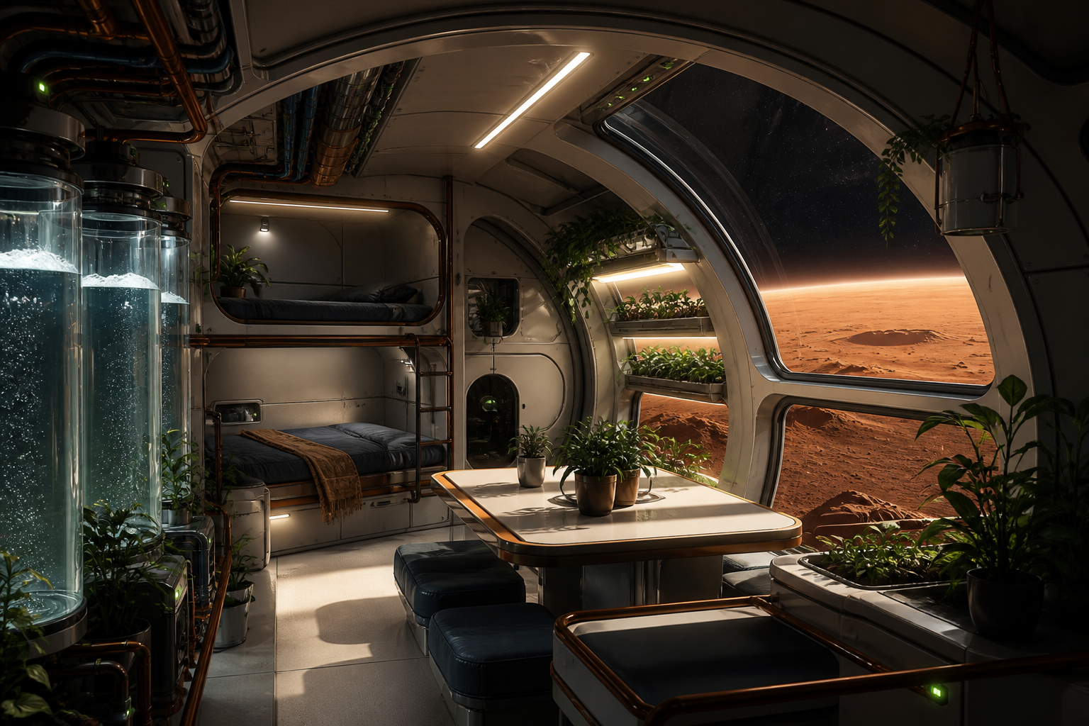 Mini-Scout habitat with bunks, plants, water columns and a Mars panorama