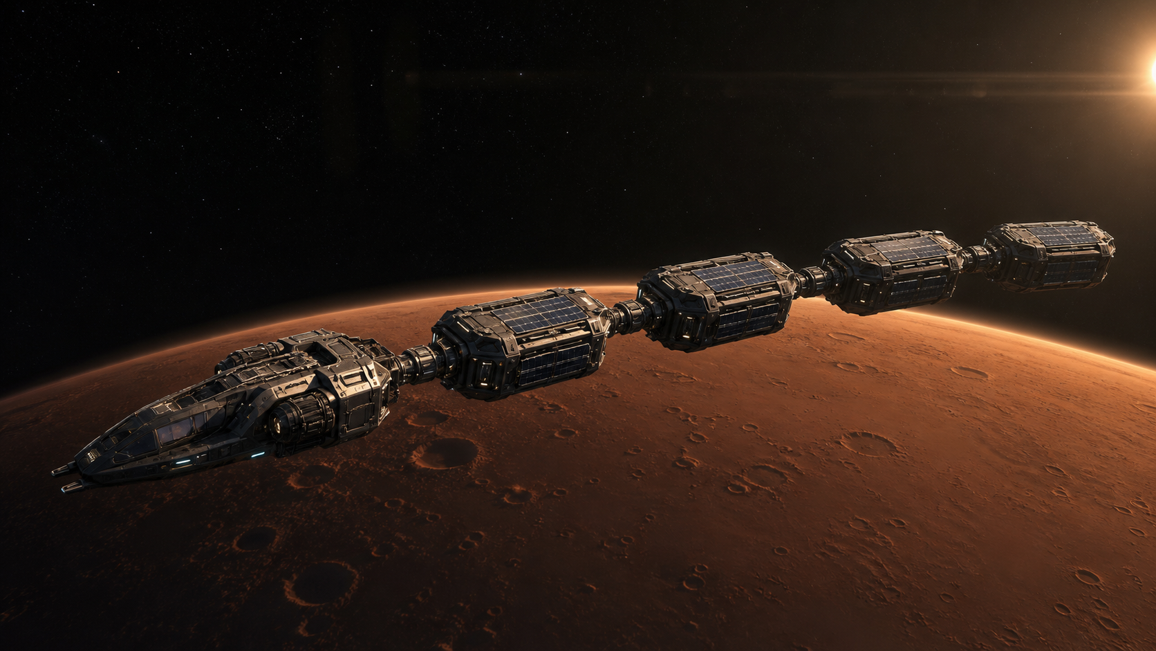 A Mini-Scout and four connected reserve modules passing above Mars