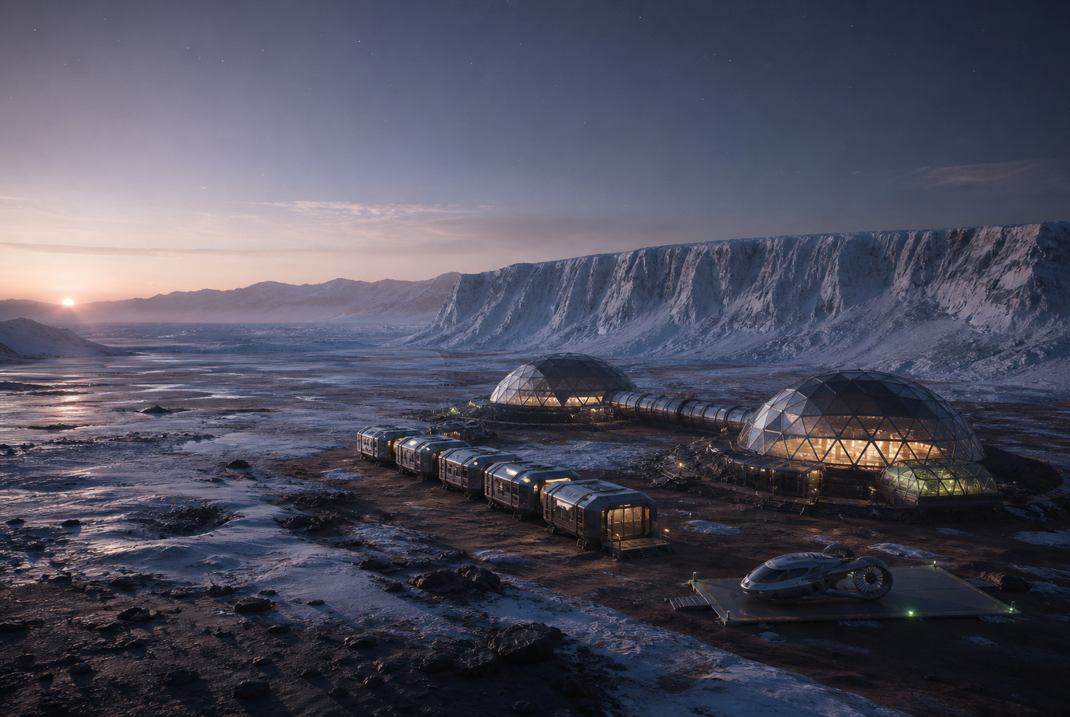 A future polar Mars field base with connected geodomes and a Mini-Scout