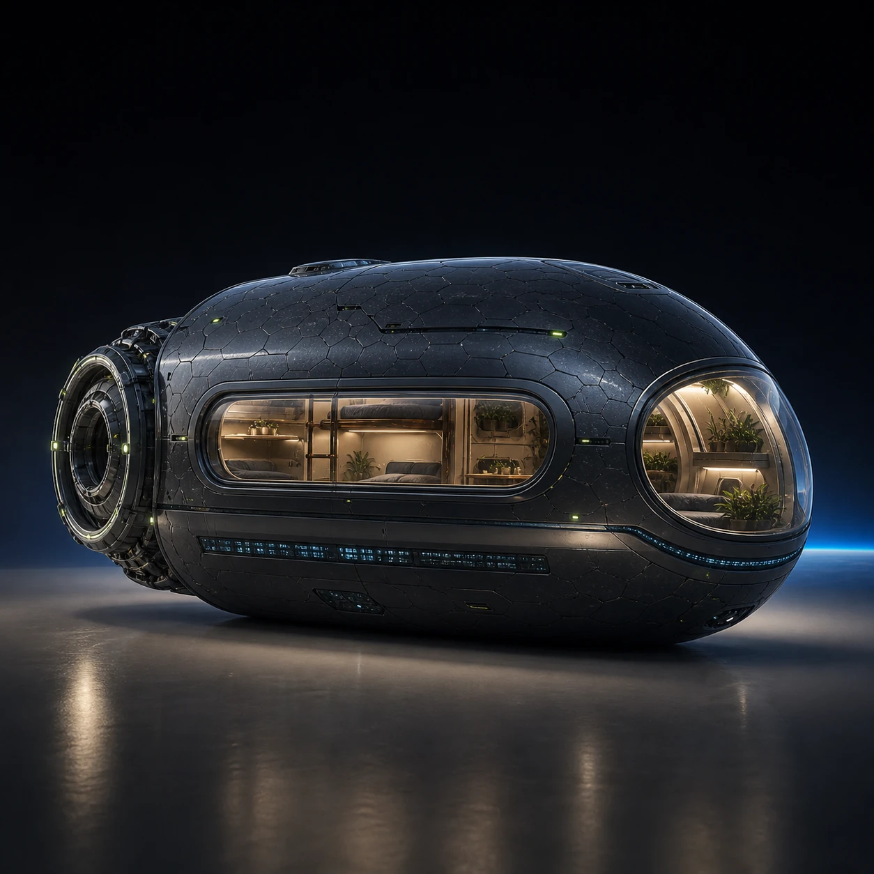 Dark graphite Habitat companion pod with a universal docking collar and warm windows revealing bunks, plants, and a shared living space